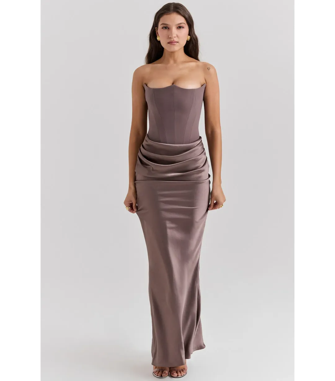 House Of CB Strapless Corset Maxi Dress Smoke Size AU 8 for rent on The Volte - main image