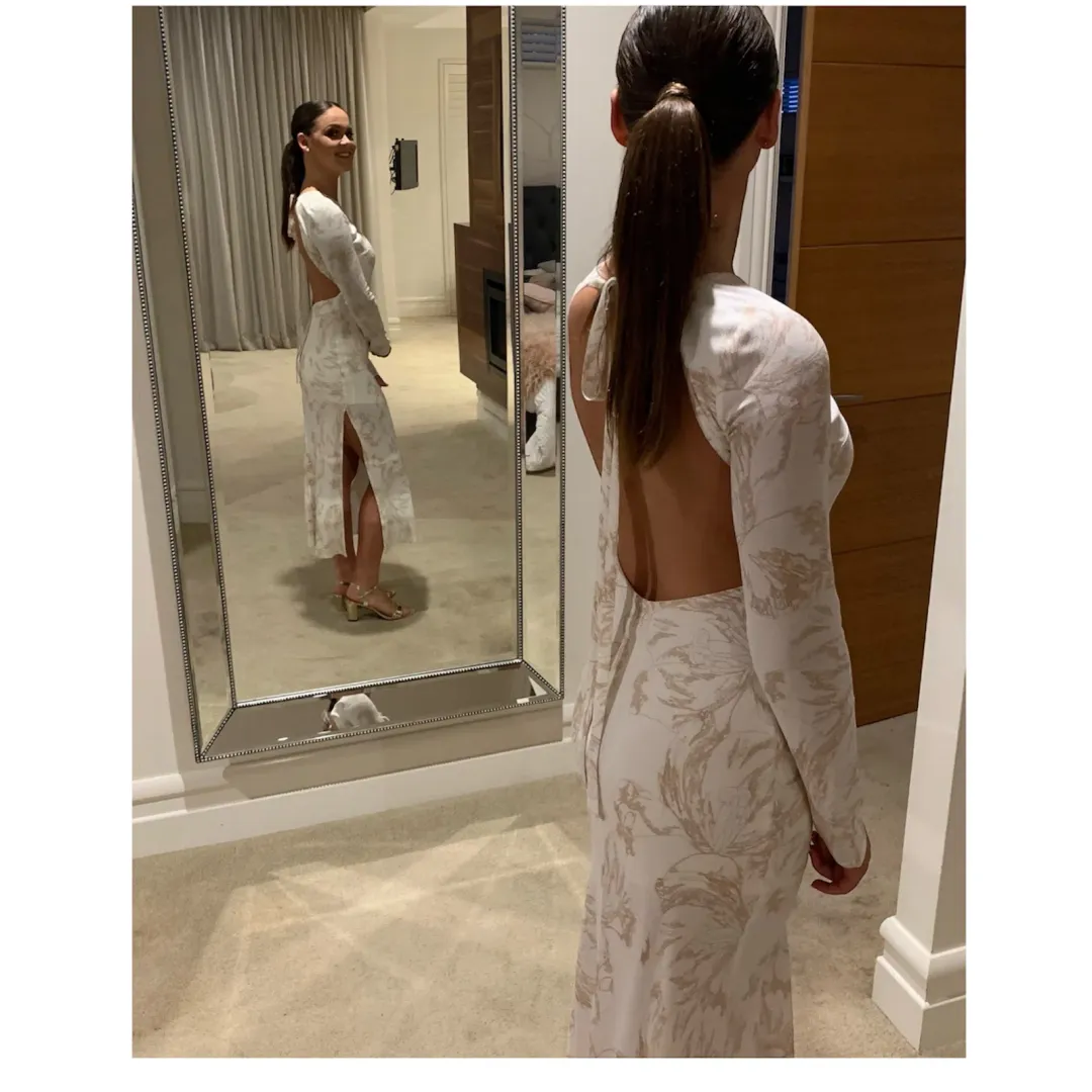 Third Form Open Back Bouquet Maxi Dress in White with Gold Flower  Size 6 for rent on The Volte - main image