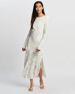 Third Form Open Back Bouquet Maxi Dress in White with Gold Flower  Size 6 for rent on The Volte - image 2