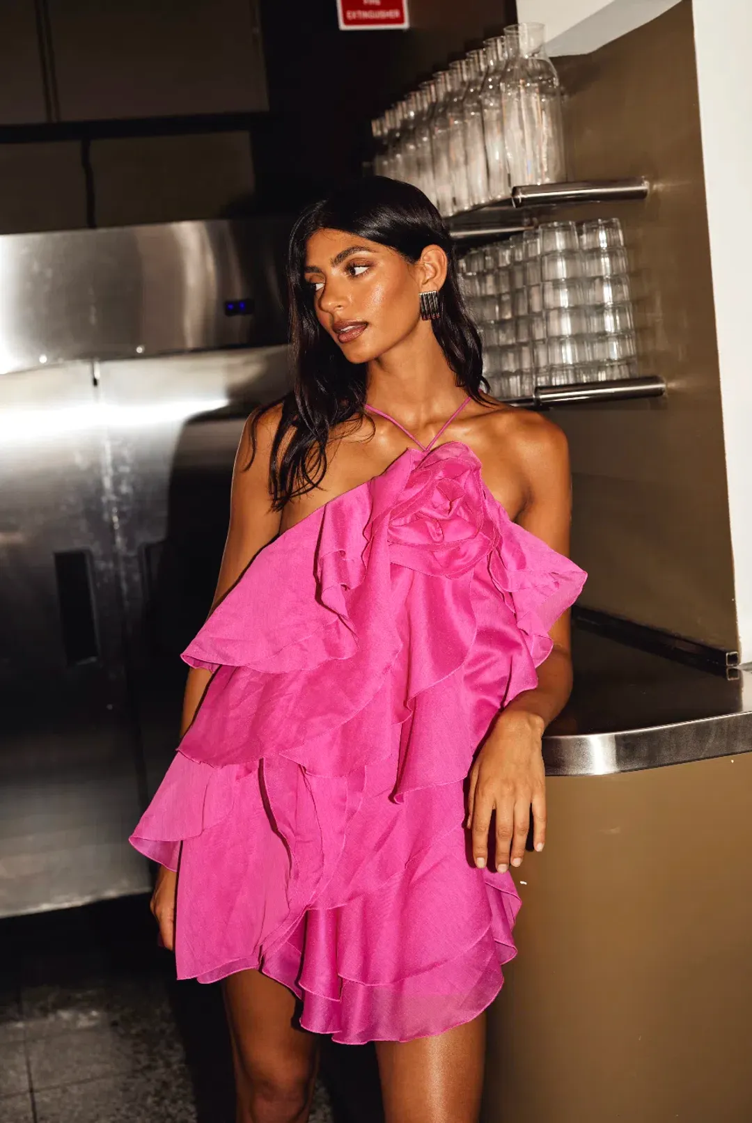 Aje Pandorea Layered Mini Dress Fuchsia Rose Size 14 for rent on The Volte - main image