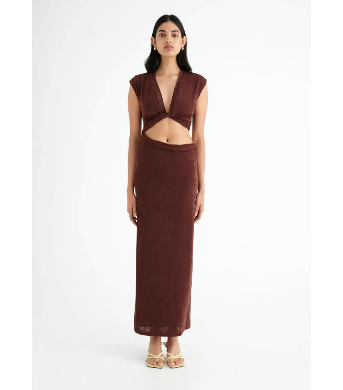 Benni Henri Twist Maxi Dress Chocolate Size AU 6 for rent on The Volte - main image