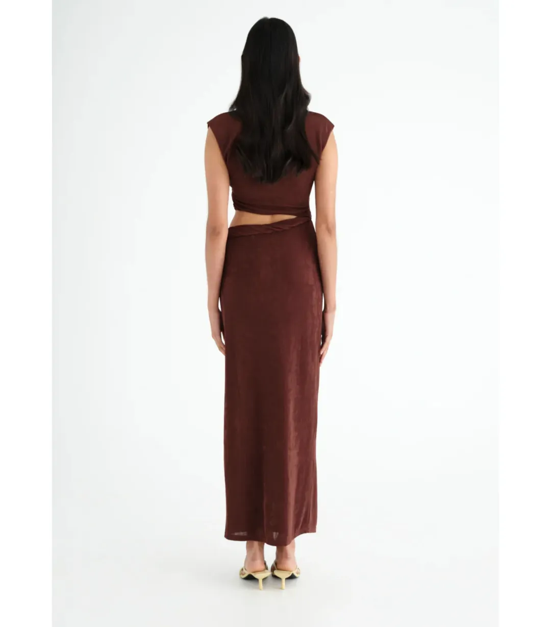 Benni Henri Twist Maxi Dress Chocolate Size AU 6 for rent on The Volte - main image