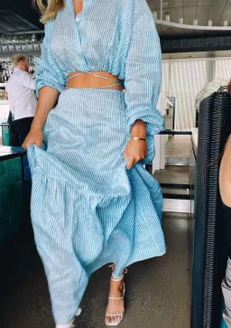 Scanlan Theodore Striped Cotton Voile Crop Shirt and Skirt Set Print Blue Size AU 6 for rent on The Volte - image 3