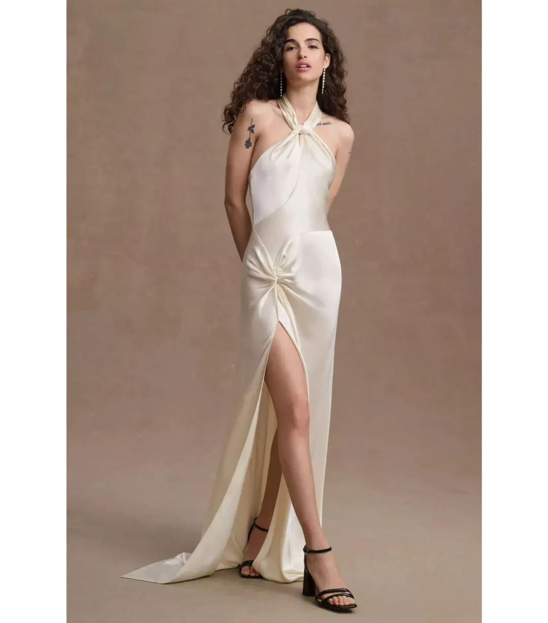 Ronny Kobo Samra Satin Twist-Halter Column Gown Cream Size AU 12 for rent on The Volte - main image