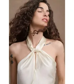 Ronny Kobo Samra Satin Twist-Halter Column Gown Cream Size AU 12 for rent on The Volte - image 2