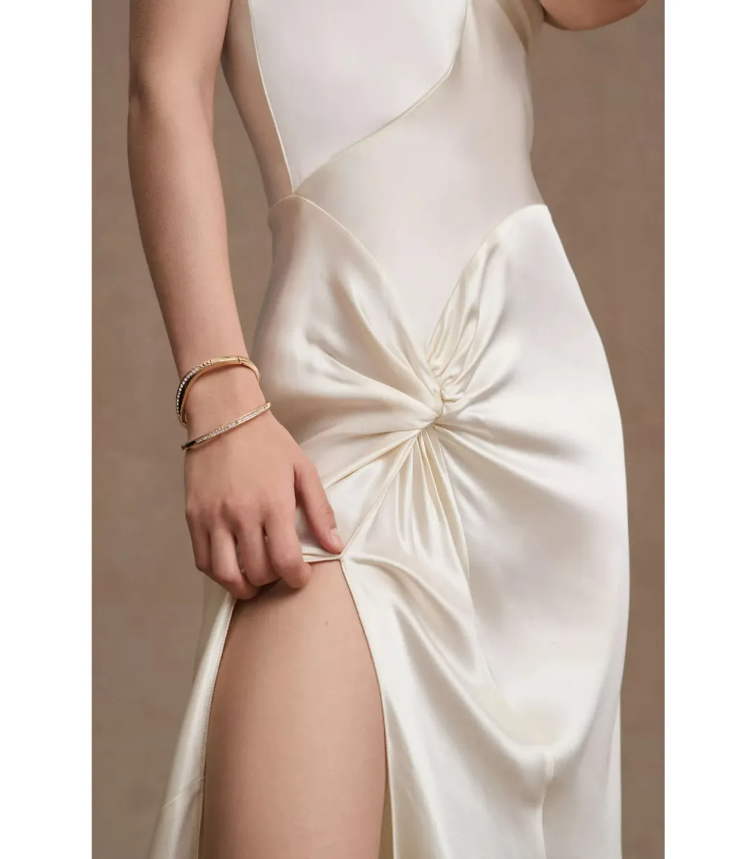 Ronny Kobo Samra Satin Twist-Halter Column Gown Cream Size AU 12 for rent on The Volte - main image