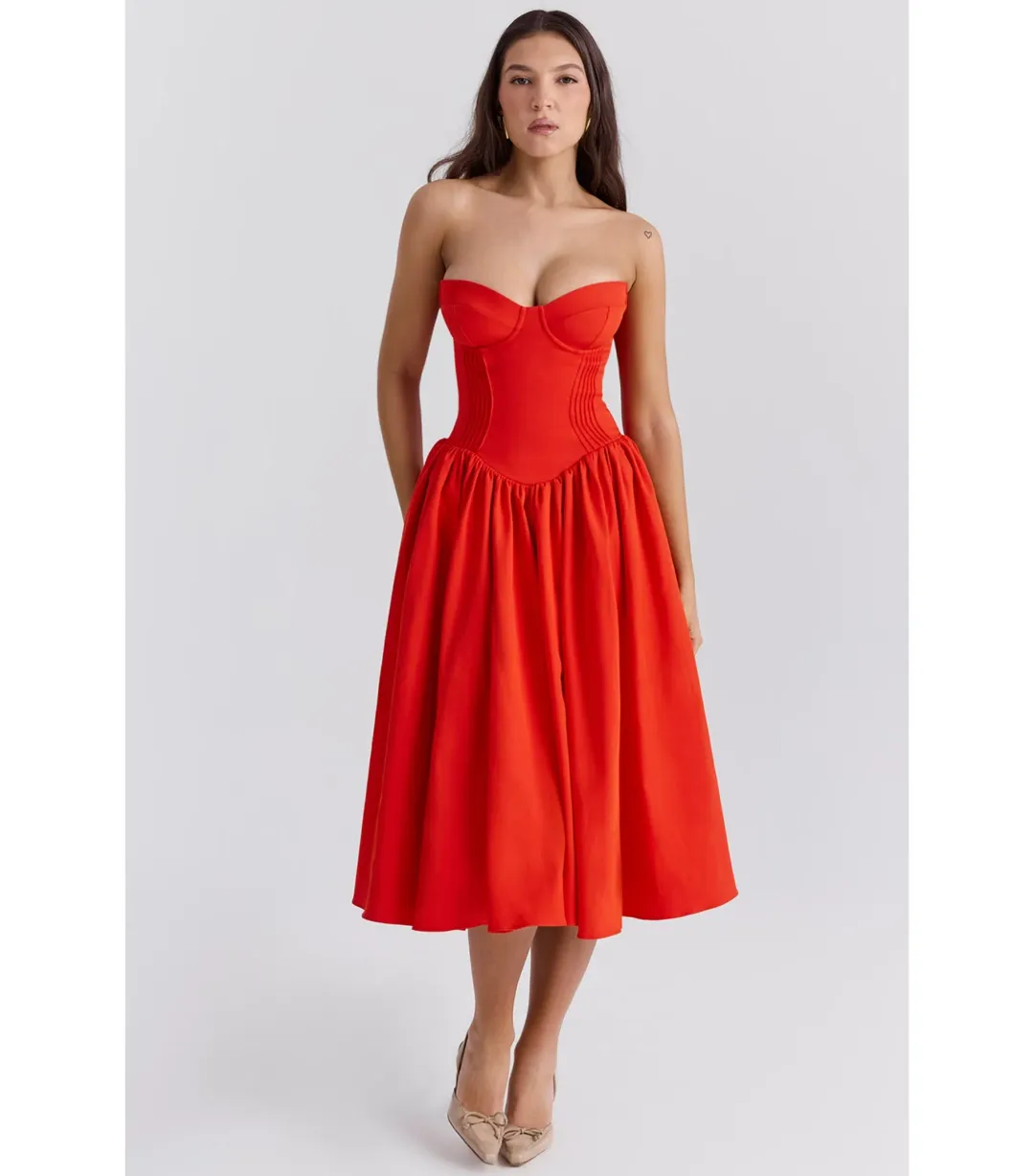 House Of CB Elizabeth Strapless Midi Sundress Italian Tomato Size XS / AU 6  for rent on The Volte - main image