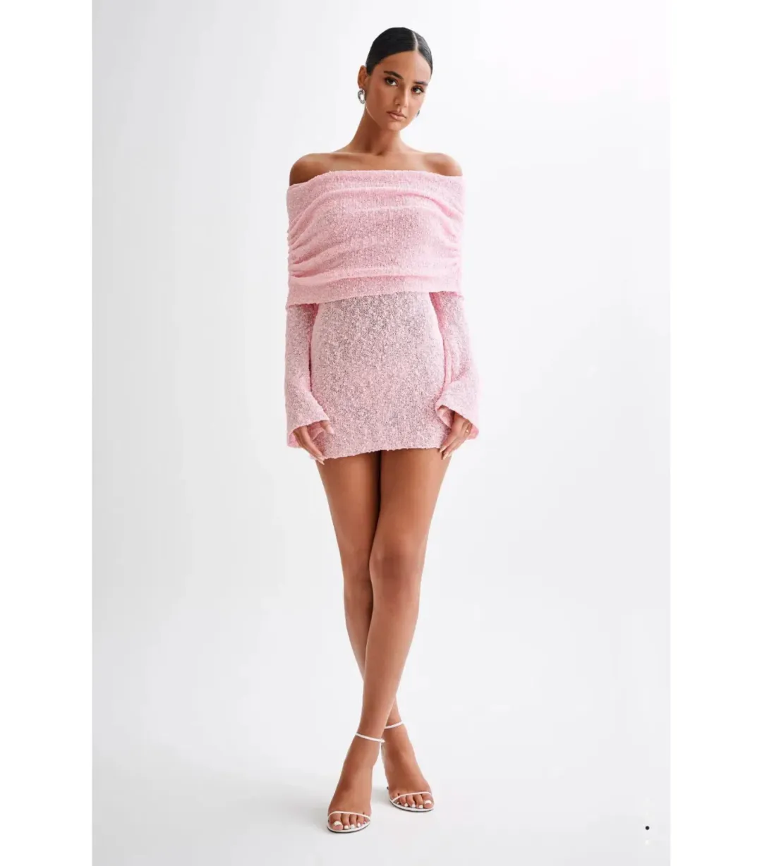 Meshki Marisol Off Shoulder Boucle Mini Dress Baby Pink Size XS / AU 6 for rent on The Volte - main image