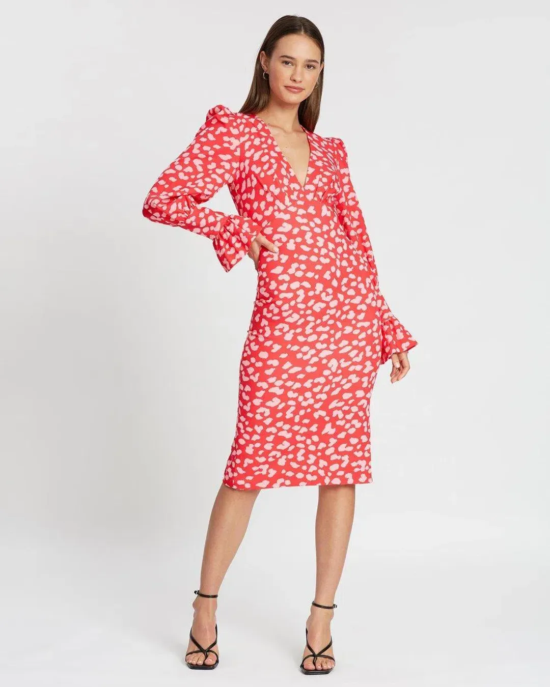 By Johnny Strawberry Leopard Tulip Midi Dress Pink Size 8 for rent on The Volte - main image