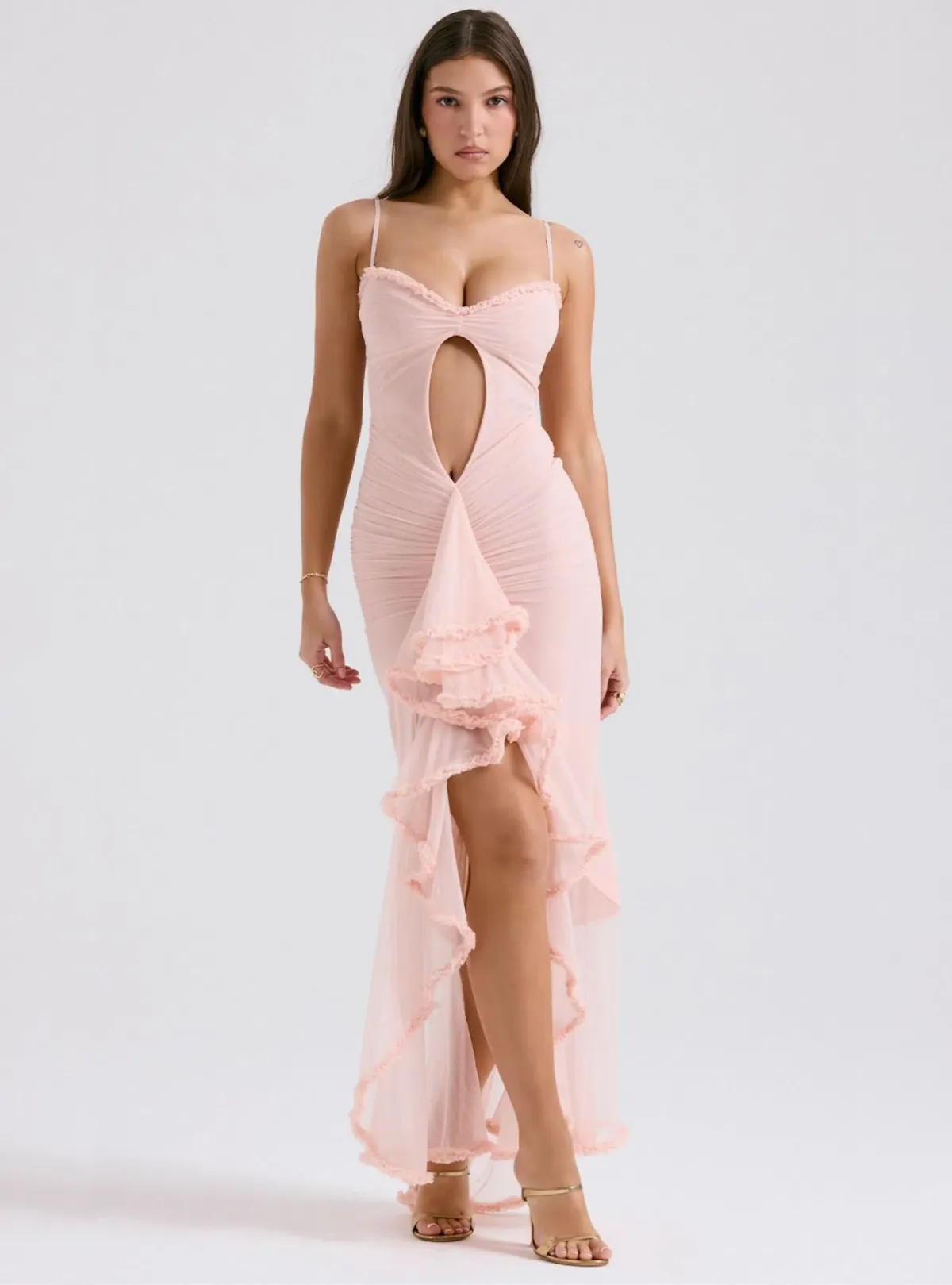 House of CB Gabriella Ruffled Front Gown Soft Peach Size S / AU 8 for rent on The Volte - main image