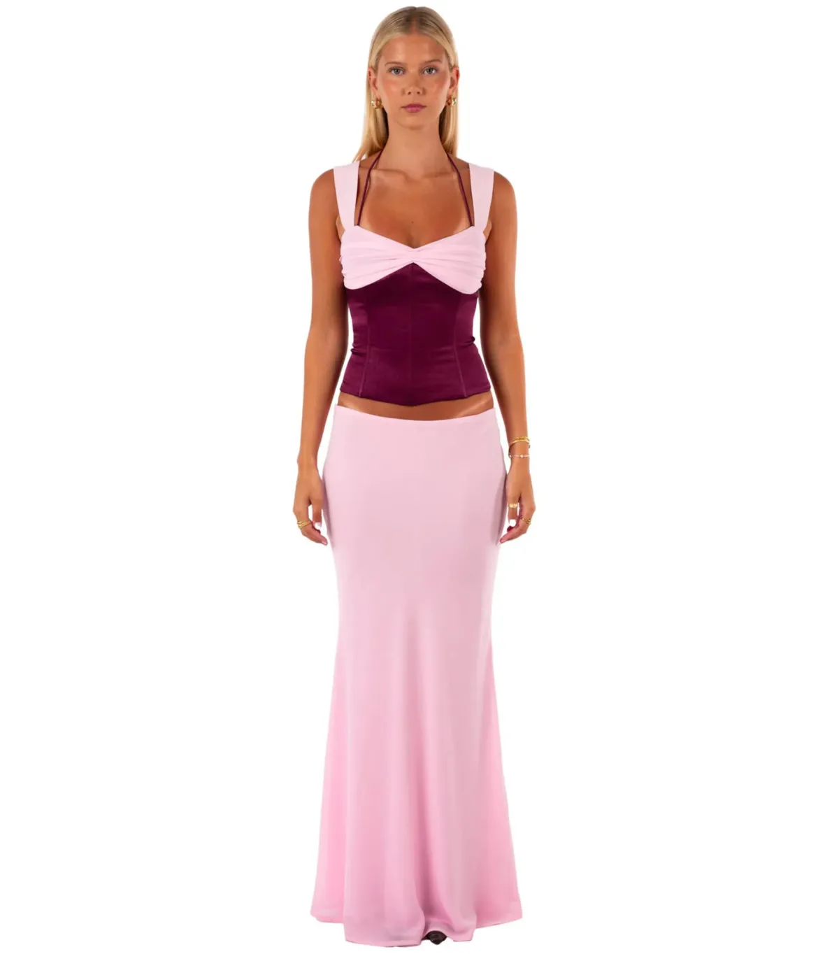 I am Delilah Scarlett Corset and Maxi Skirt Set in Berry Size AU 6  for rent on The Volte - main image