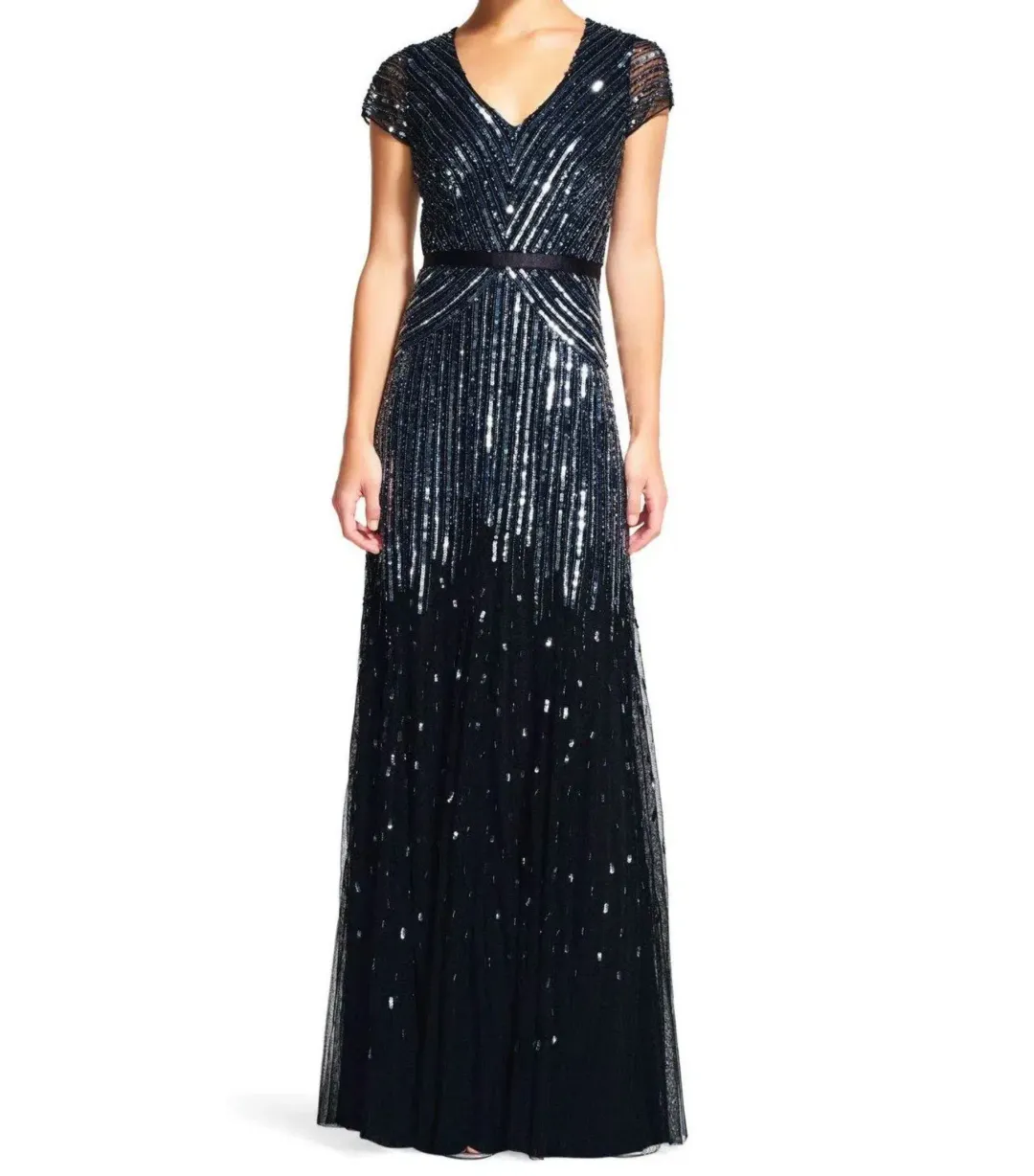 Adrianna Papell Sequinned V-Neck Cap Sleeve Gown Gunmetal Size AU 12 for rent on The Volte - main image