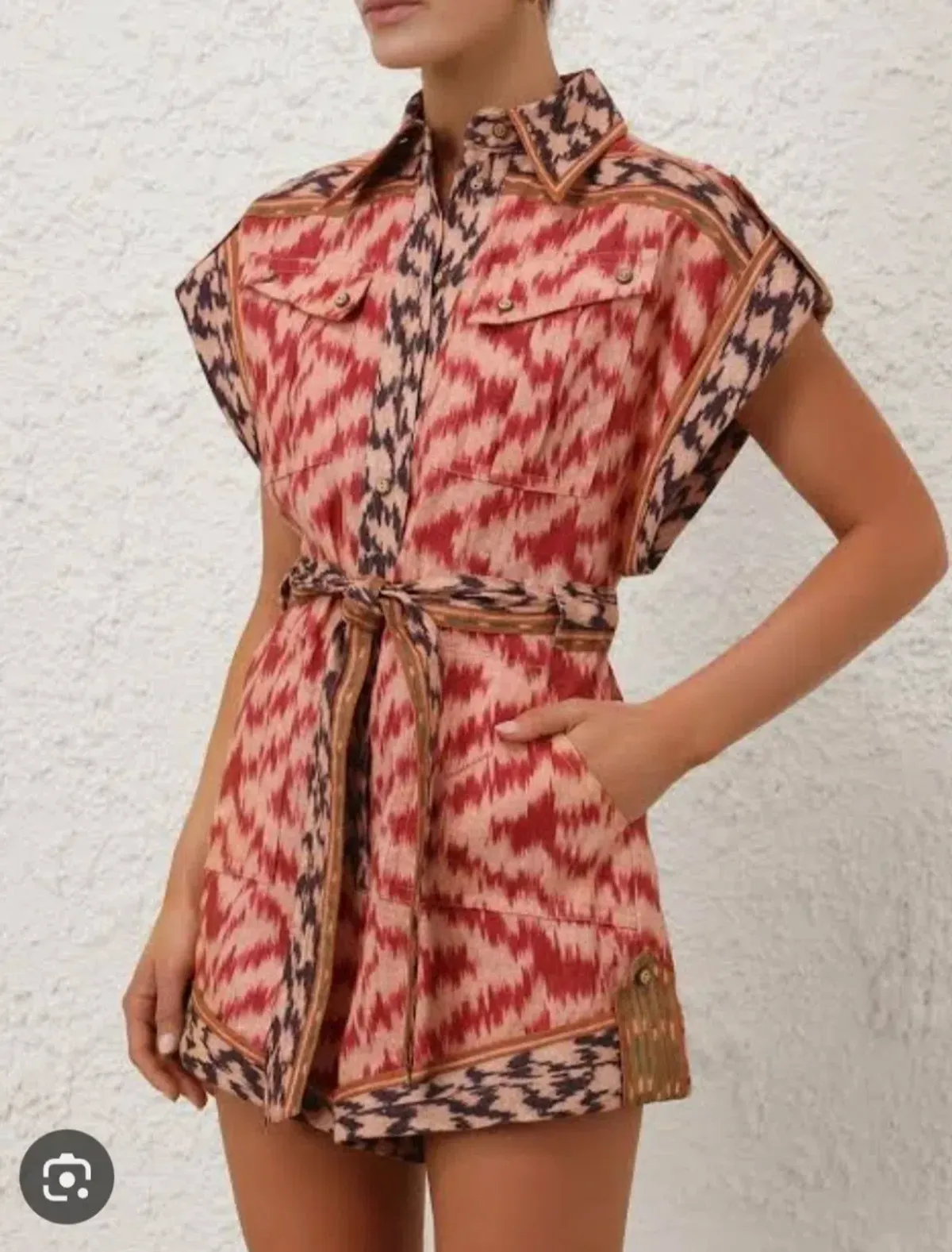 Zimmermann Wylie Pocket Playsuit Red Ikat Size 0 / AU 8 for rent on The Volte - main image