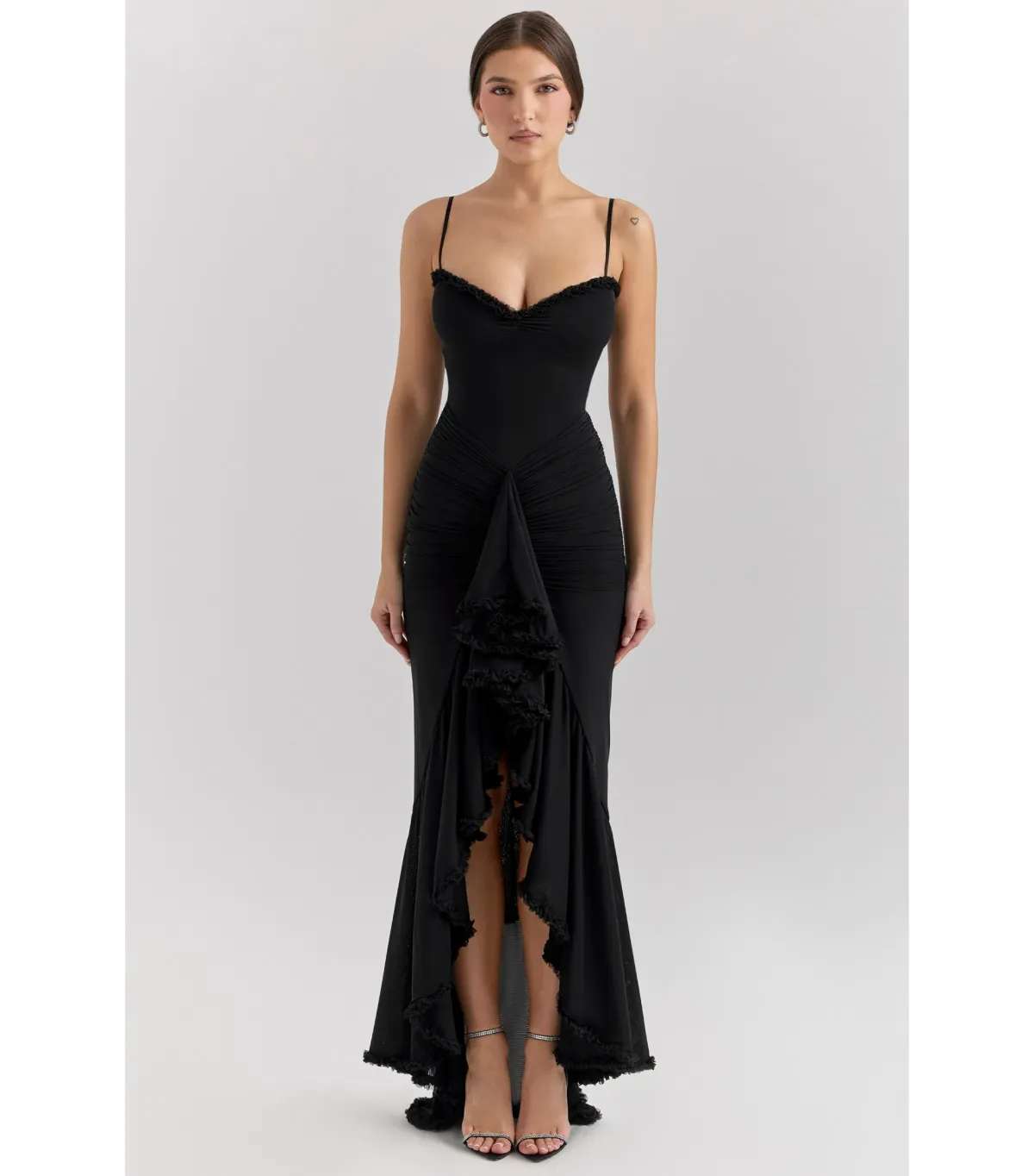 House of CB Gabbi Mesh Ruffled Front Gown Black Size XS / AU 6 for rent on The Volte - main image