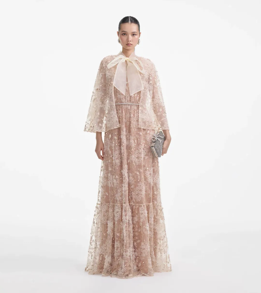 Self-Portrait Embellished Cape Maxi Dress Beige Size 8 for rent on The Volte - main image