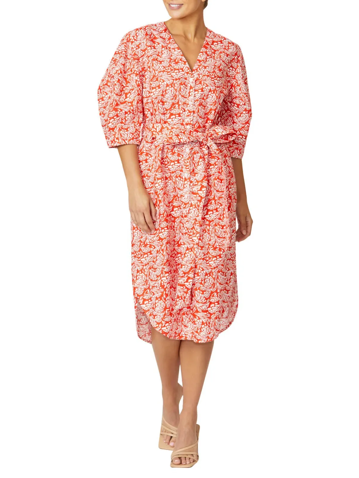 Anthea Crawford Kelly Knee Length Shirtdress Orange/White Size 18 for rent on The Volte - main image