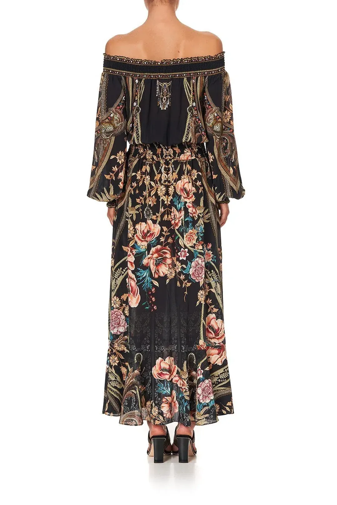 CAMILLA Off Shoulder Shirred Silk Maxi Dress Print Size S/Au 10  for rent on The Volte - main image