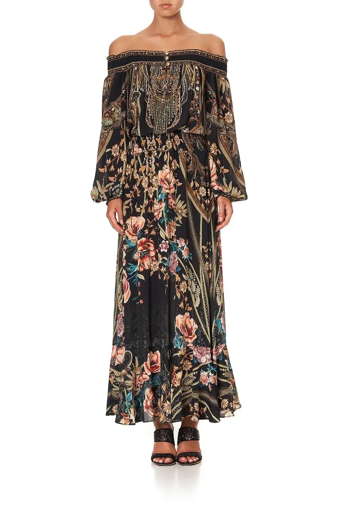 CAMILLA Off Shoulder Shirred Silk Maxi Dress Print Size S/Au 10  for rent on The Volte - main image