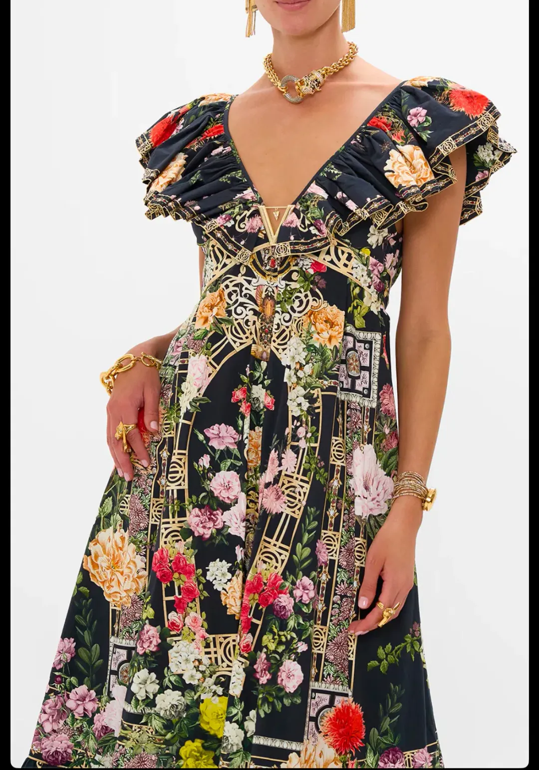 Camilla Frill Neck Dress Black/Floral Size 16  for rent on The Volte - main image
