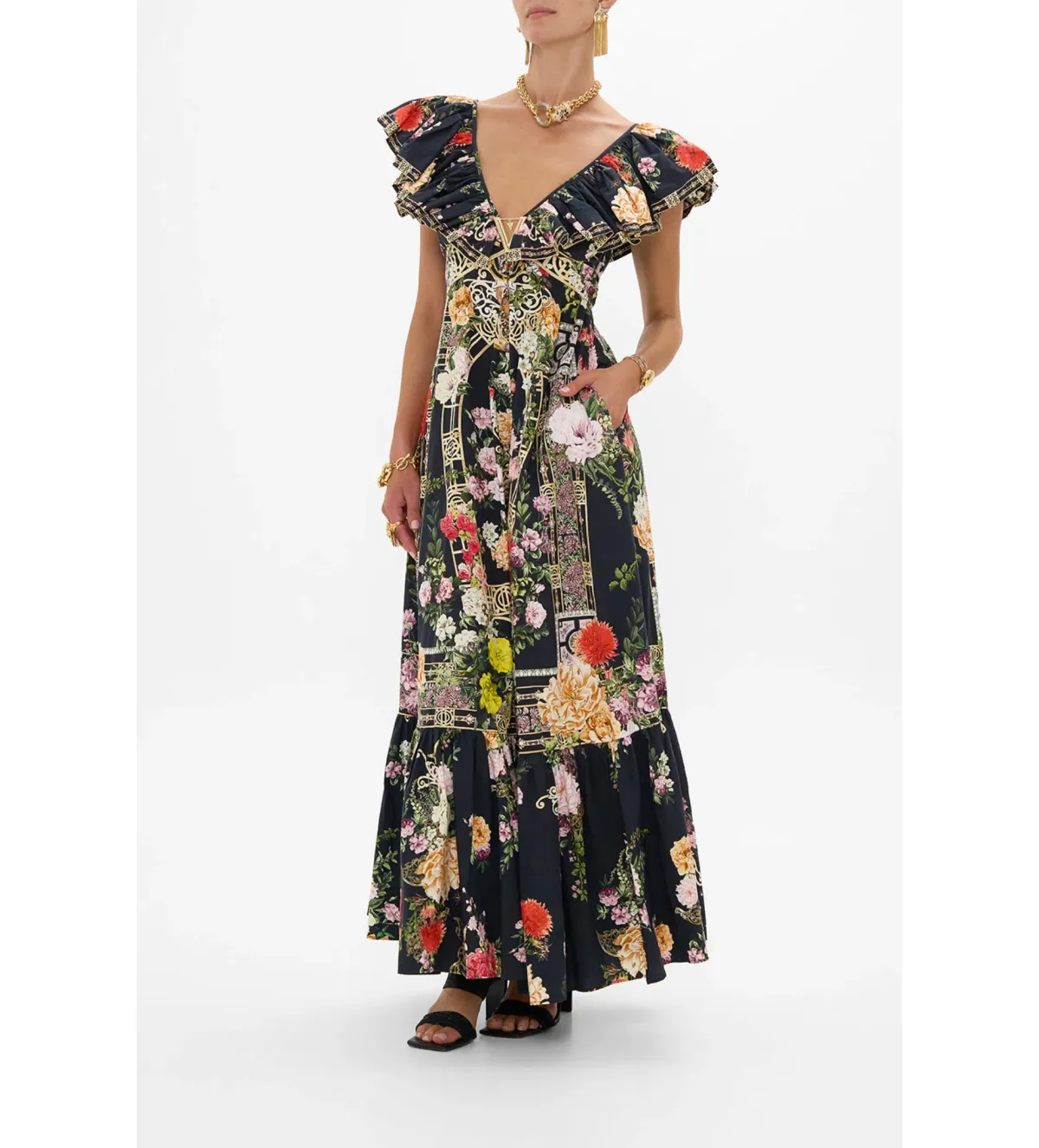 Camilla Frill Neck Dress Black/Floral Size 16  for rent on The Volte - main image
