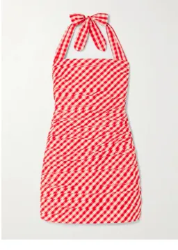 Bernadette Tippy Gingham Pleated Taffeta Halterneck Mini Dress Red Size 6 for rent on The Volte - image 3