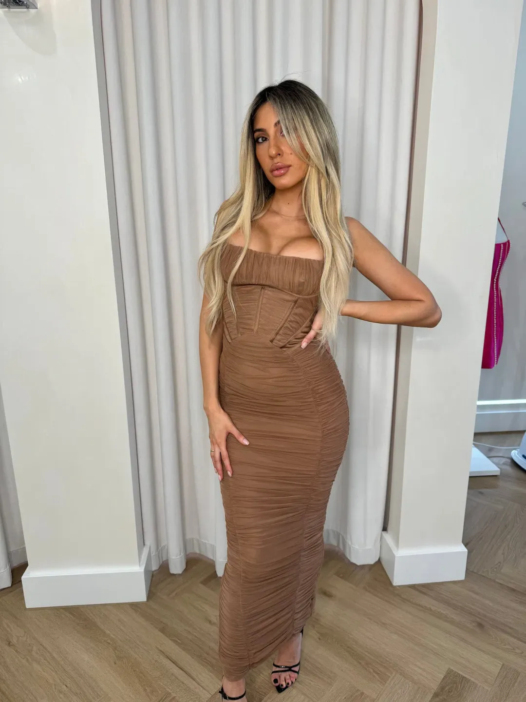 House of CB Lilian Corset Maxi Dress Mocha Size S / AU 8 for rent on The Volte - main image