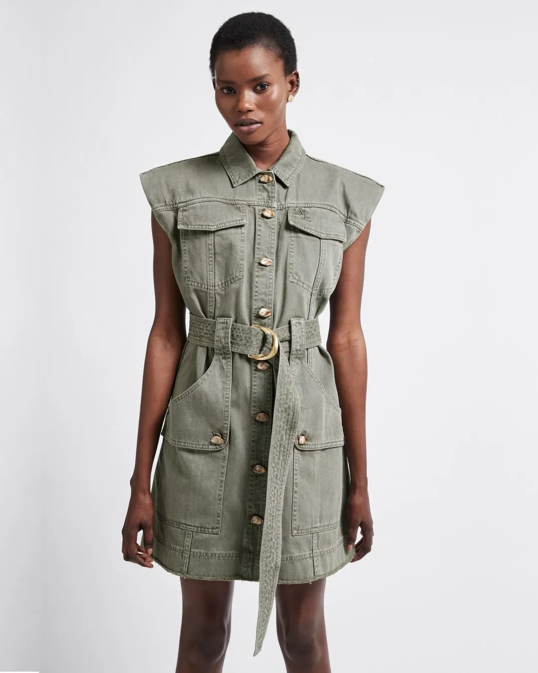Aje Darcel Denim Belted Sleeveless Mini Dress Oak Moss Size 8 for rent on The Volte - main image