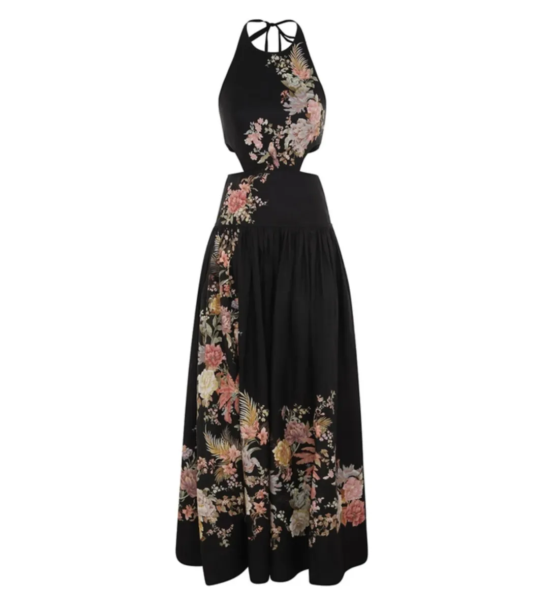 Zimmermann Tallow Halter Midi Dress Black Multi Floral Size 3 / 14 AU for rent on The Volte - main image