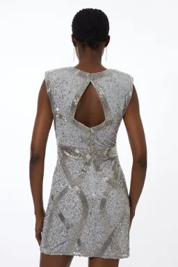 Karen Millen Embellished Strong Shoulder Woven Mini Dress Silver Size 16 for rent on The Volte - image 2