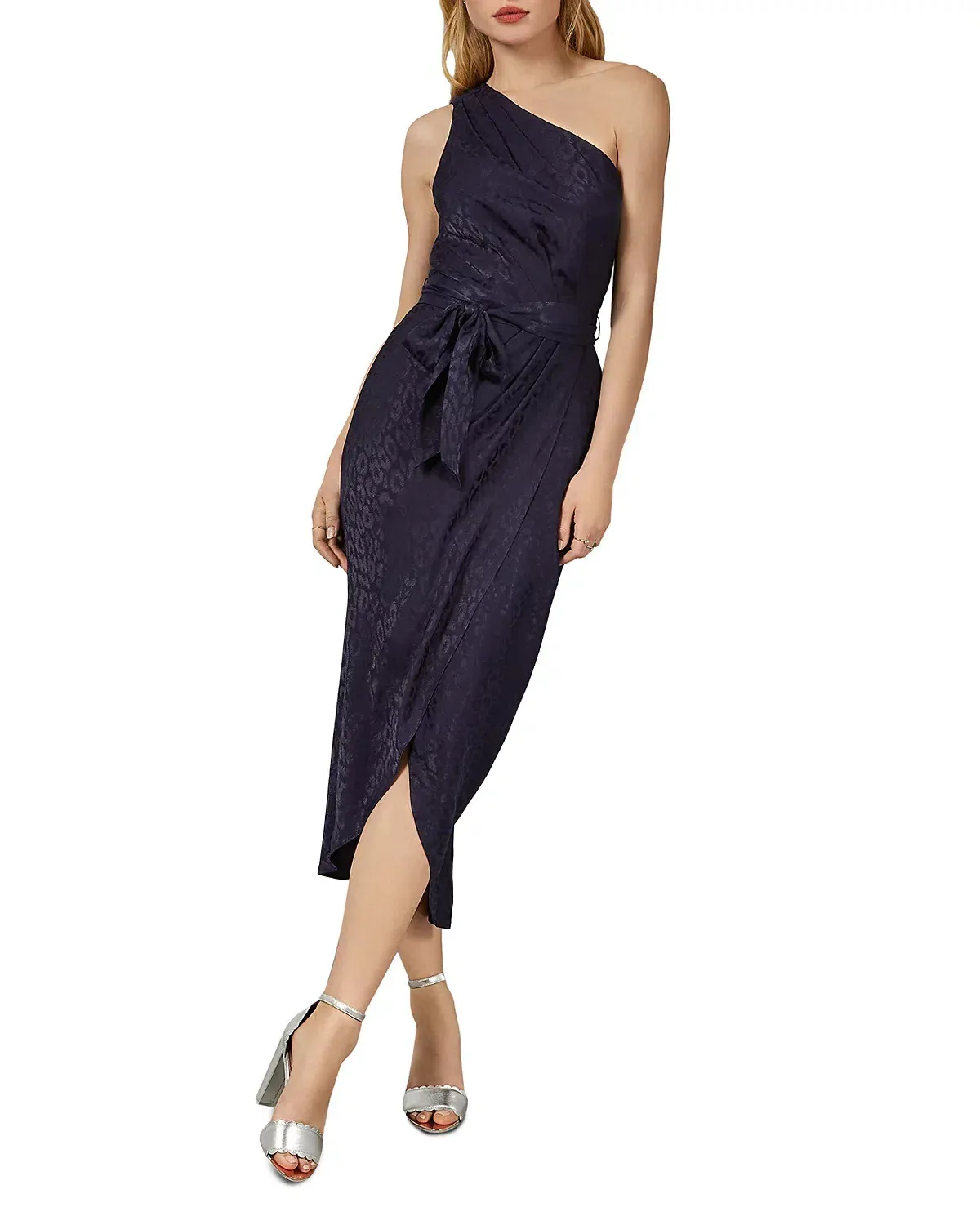 Ted Baker Zoeii Leopard Jacquard Asymmetric One Shoulder Dress Navy Size 5 / AU 16 for rent on The Volte - main image