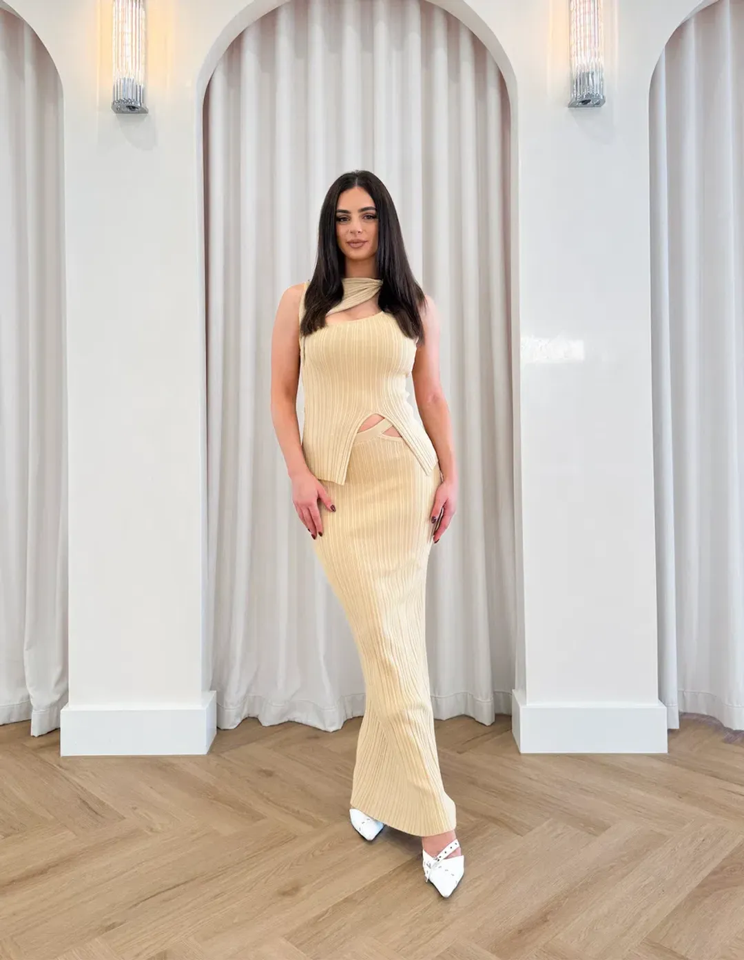 Henne The Romee Knit Top and Skirt Set in Gold Size S / AU 8  for rent on The Volte - main image