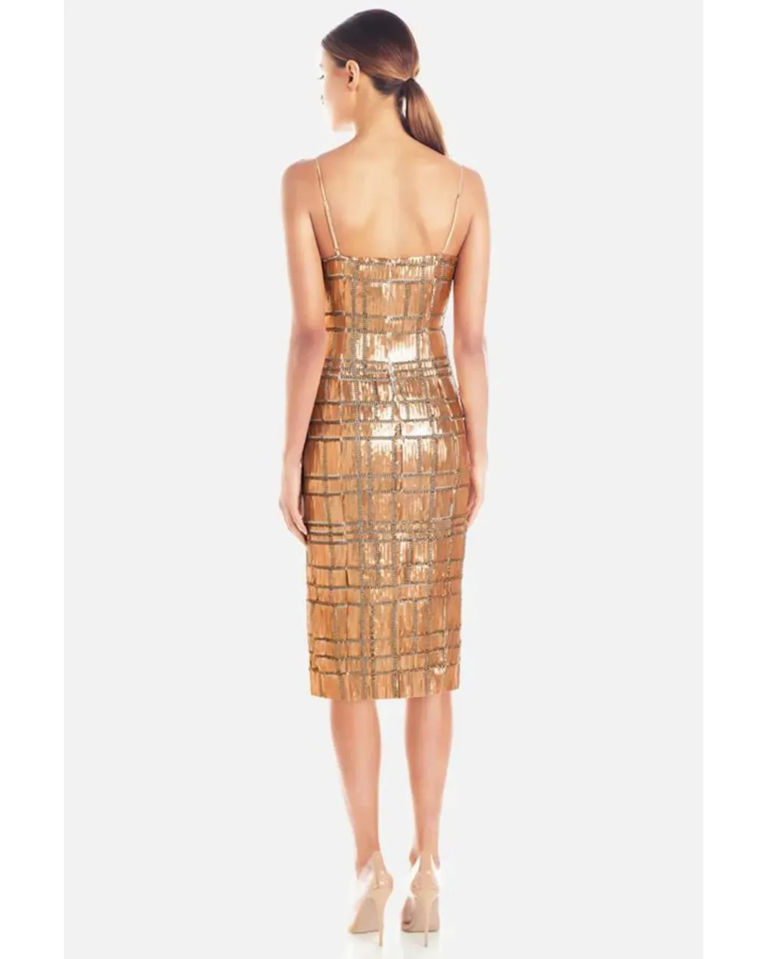 Misha Yvette Spaghetti Strap Thigh Split Midi Dress in Gold Sequin Size 10 for rent on The Volte - main image