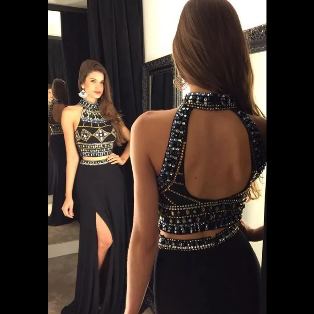 Sherri Hill #11068 Two Piece Dress Black Beaded Gown Size 4 for rent on The Volte - main image