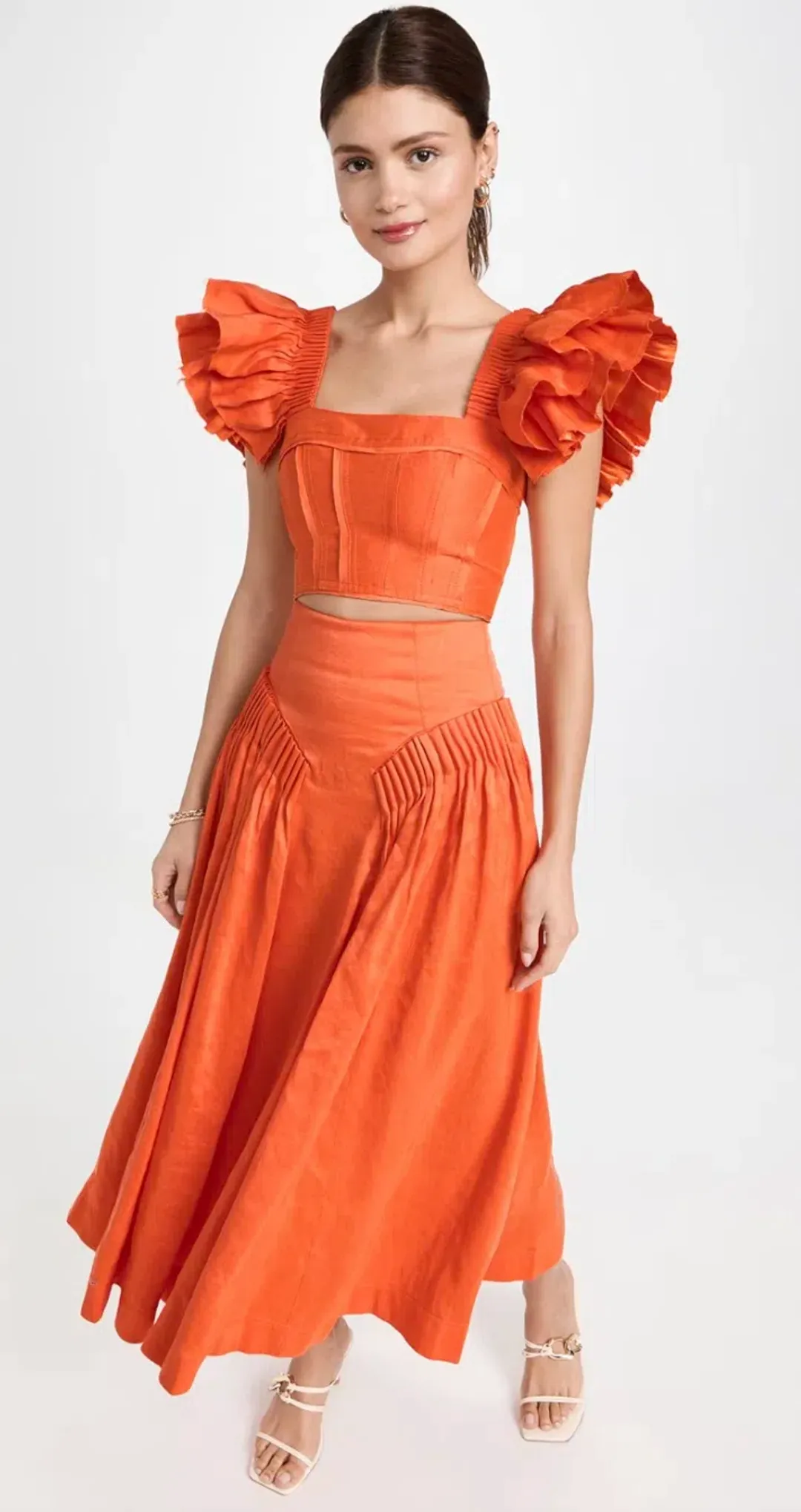 Aje Imagination Frill Sleeve Top Orange Size 14 & Yves Midi Skirt Size 12 for rent on The Volte - main image