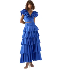 Aje Imagination Frill Sleeve Top Size AU 14 and Eleni Tiered Maxi Skirt Blue Size AU 12  for rent on The Volte - image 1