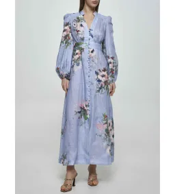 Zimmermann The Everley Plunge Midi Dress in Light Blue Watercolour Floral  Size 2/Au  12 for rent on The Volte - image 1