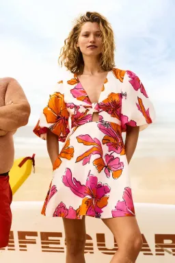 Aje Overflow Knotted Mini Dress Floral Pink Size 6 for rent on The Volte - image 1