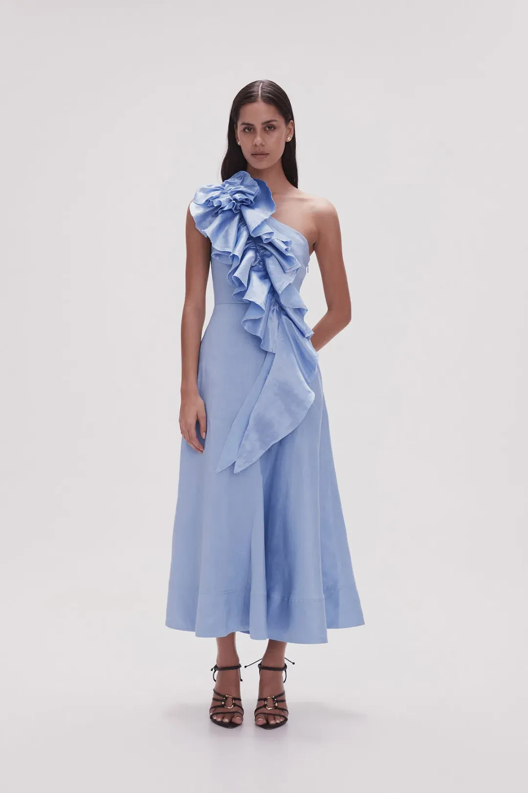 Aje Adelia Ruffle Midi Dress Blue Size AU 8 for rent on The Volte - main image