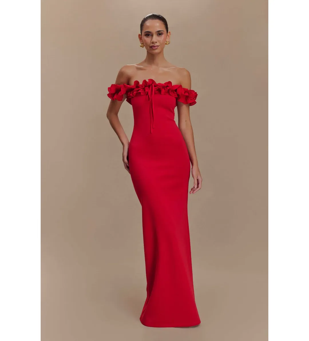 Nova Ruffle Off Shoulder Maxi Dress Ruby Size XS / AU 6 for rent on The Volte - main image