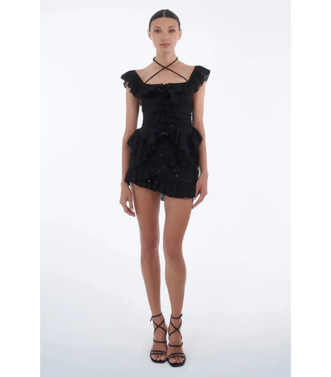 Dyspnea Froncè Ruched Top and Fleurie Frill Mini Skirt Set Black Size L / AU 12 for rent on The Volte - main image