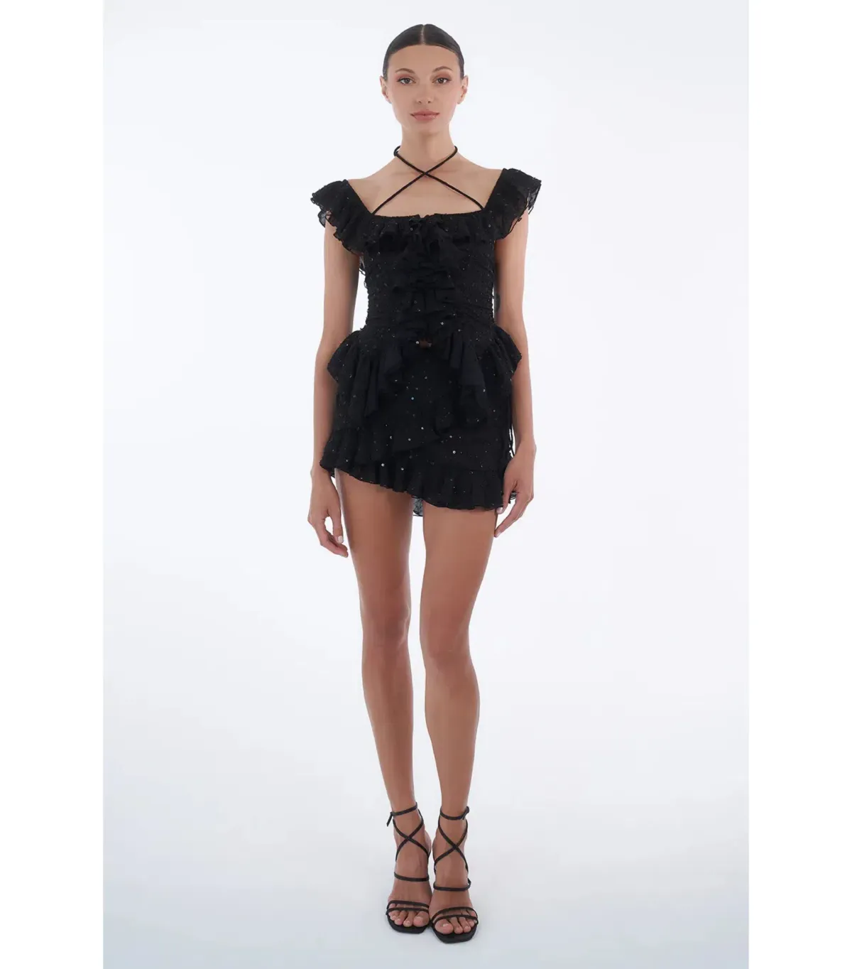 Dyspnea Froncè Ruched Top and Fleurie Frill Mini Skirt Set Black Size L / AU 12 for rent on The Volte - main image