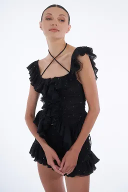 Dyspnea Froncè Ruched Top and Fleurie Frill Mini Skirt Set Black Size L / AU 12 for rent on The Volte - image 3