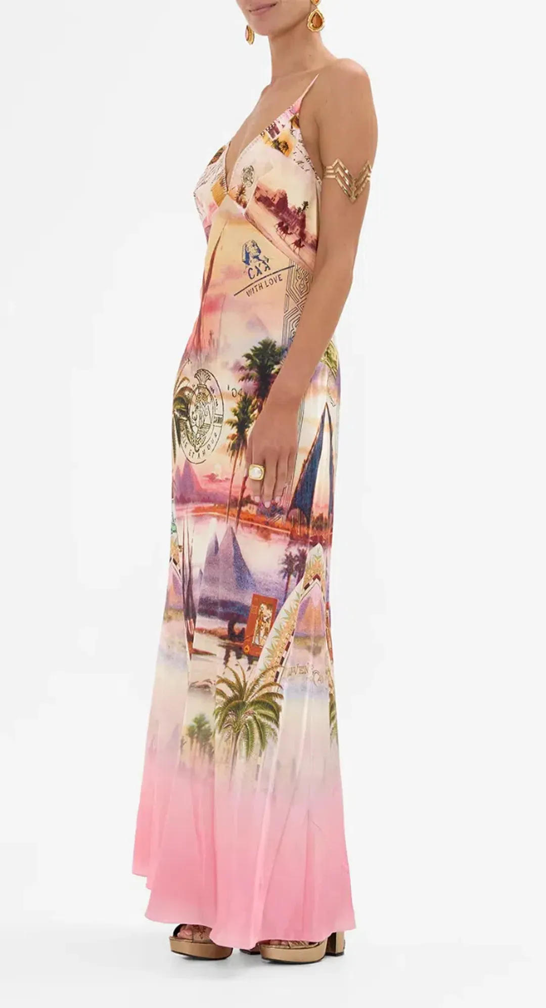 Camilla V Neck Full Length Bias Slip Dress Millas Got Mail Print Size L / AU 14 for rent on The Volte - main image