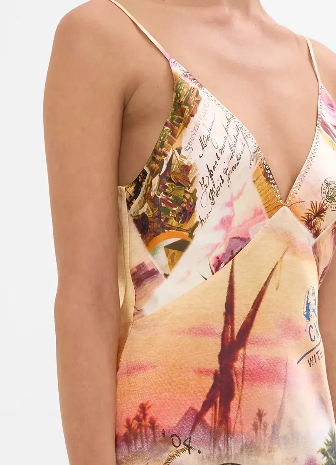 Camilla V Neck Full Length Bias Slip Dress Millas Got Mail Print Size L / AU 14 for rent on The Volte - main image