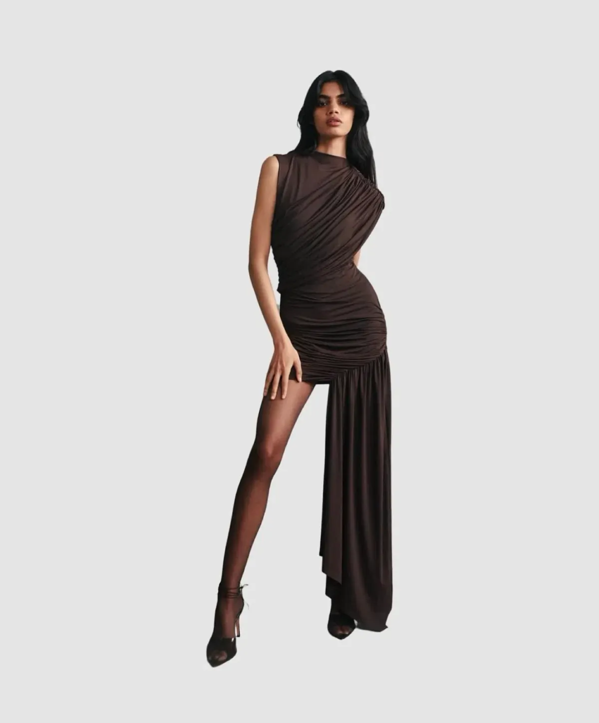 De La Vali Ravenna Draped Jersey Mini Dress Brown Size 8 for rent on The Volte - main image