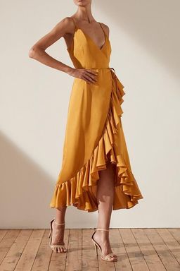 Shona Joy Oro Wrap Midi Dress Yellow Size 10 for rent on The Volte - image 1