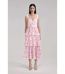 Self Portrait Tiered Midi Dress Pink Floral Print Size AU 6 for rent on The Volte - image 1