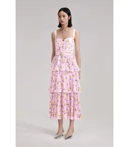 Self Portrait Tiered Midi Dress Pink Floral Print Size AU 6 for rent on The Volte - image 2