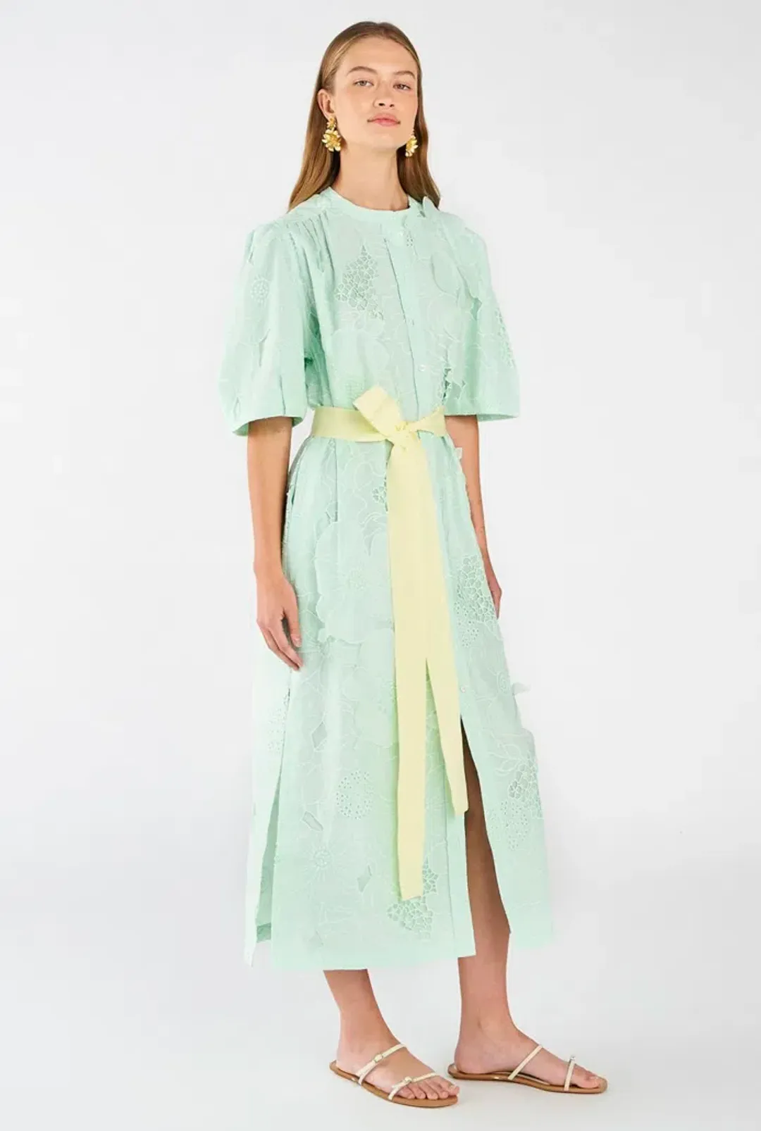 Oroton Lace Column Relaxed Midi Dress Sea Spray Green Size 16  for rent on The Volte - main image
