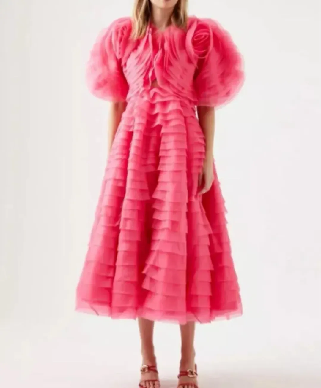 Aje Amour Ruffle Midi Dress Pink Size 4 for rent on The Volte - main image